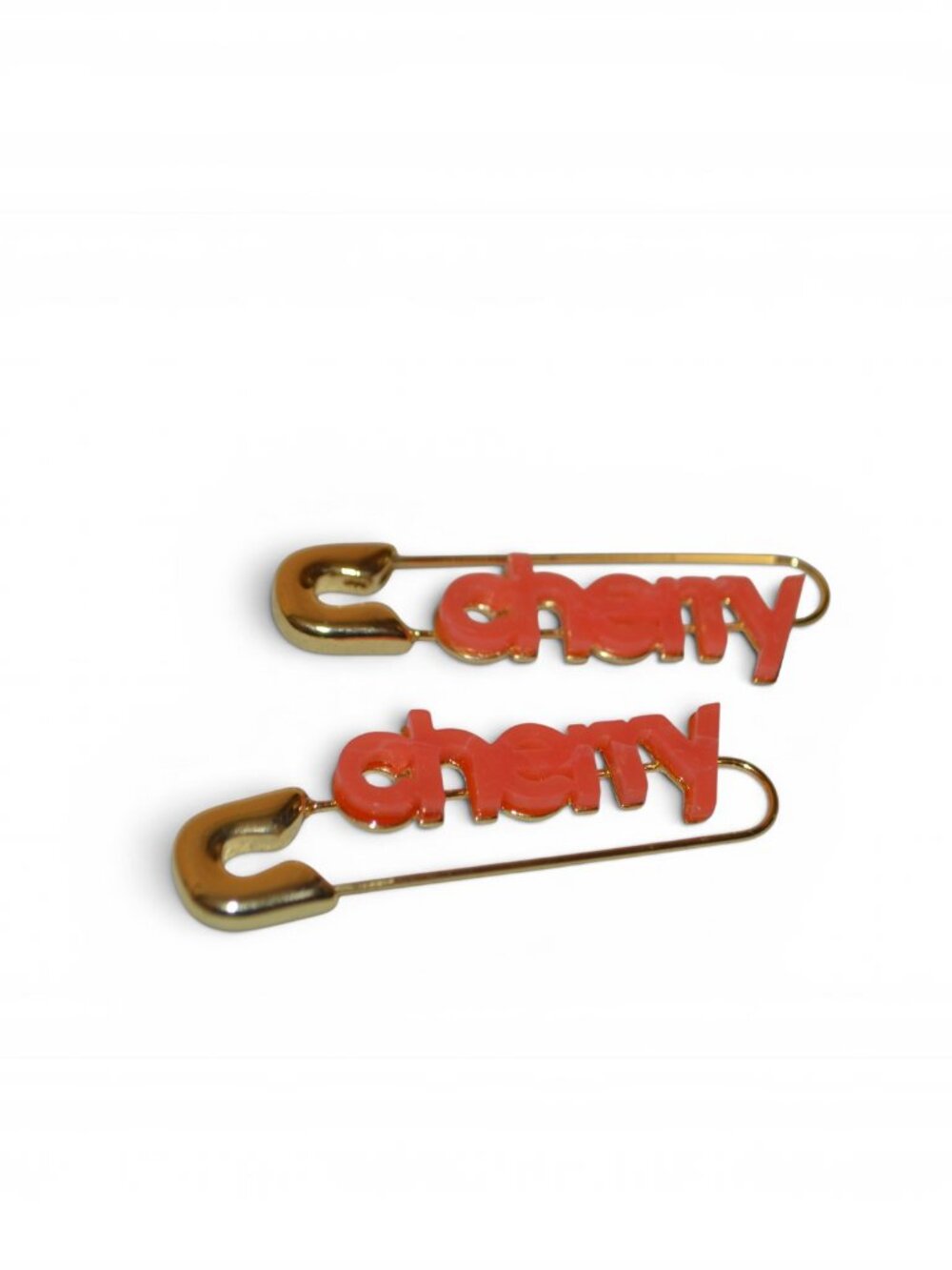 Cherry Safety Pin Earrings Pink Script Gold Tone Novelty Retro Statement Pair